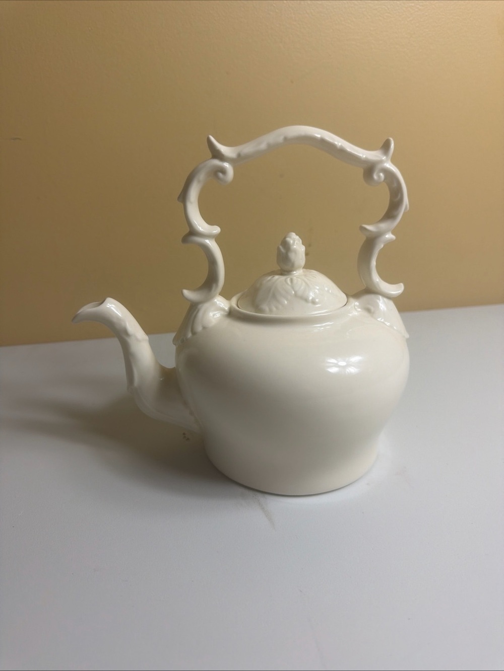 Vintage I Godinger Co Cream Porcelain Teapot Ornate Scroll Handle Bud Finial